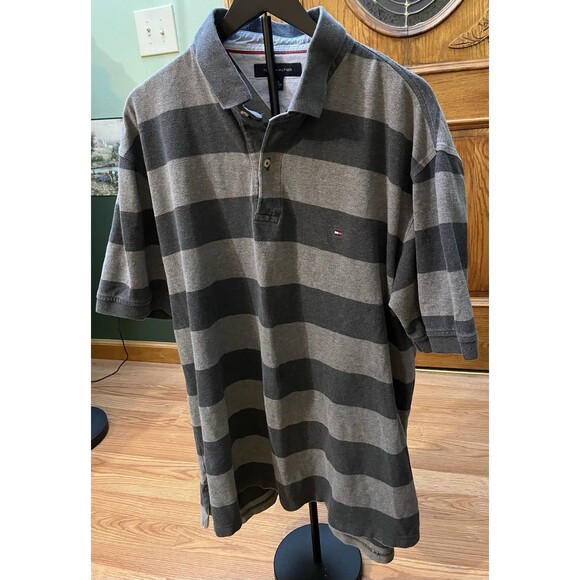 Tommy Hilfiger Men's Polo Shirt Size XXL Striped Black and Gray Preppy Casual - Picture 1 of 8